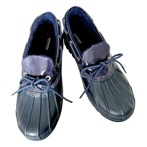 Women's Navy Blue Sperry Duckling Rubber Waterproof Shoes Rubber Slip On Sz 7.5 - Picture 2 of 13